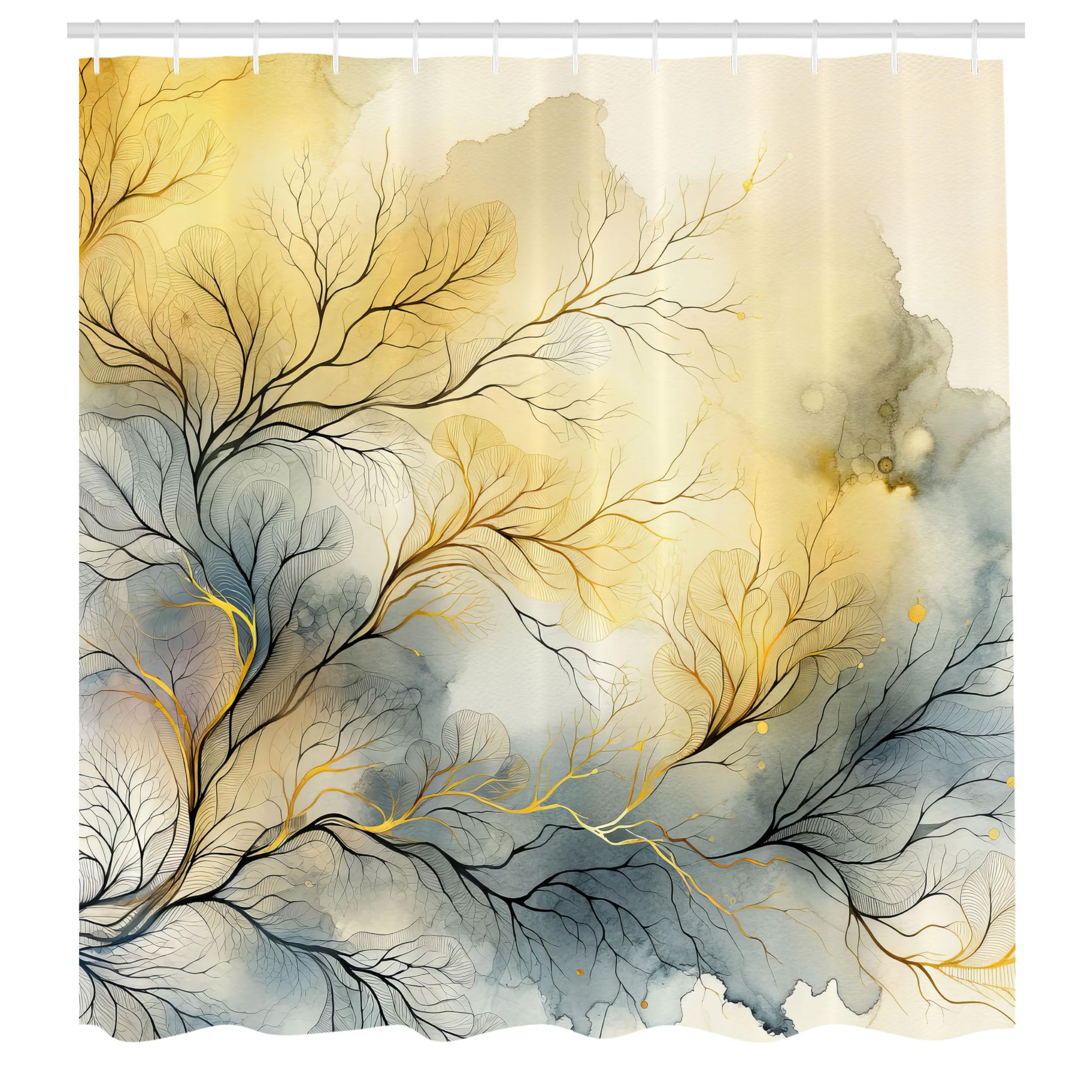 Ambesonne Yellow Shower Curtain, Autumnal Melancholy Leafless Branches On Dreamy Watercolor Look Back, Cloth Fabric Bathroom Dec